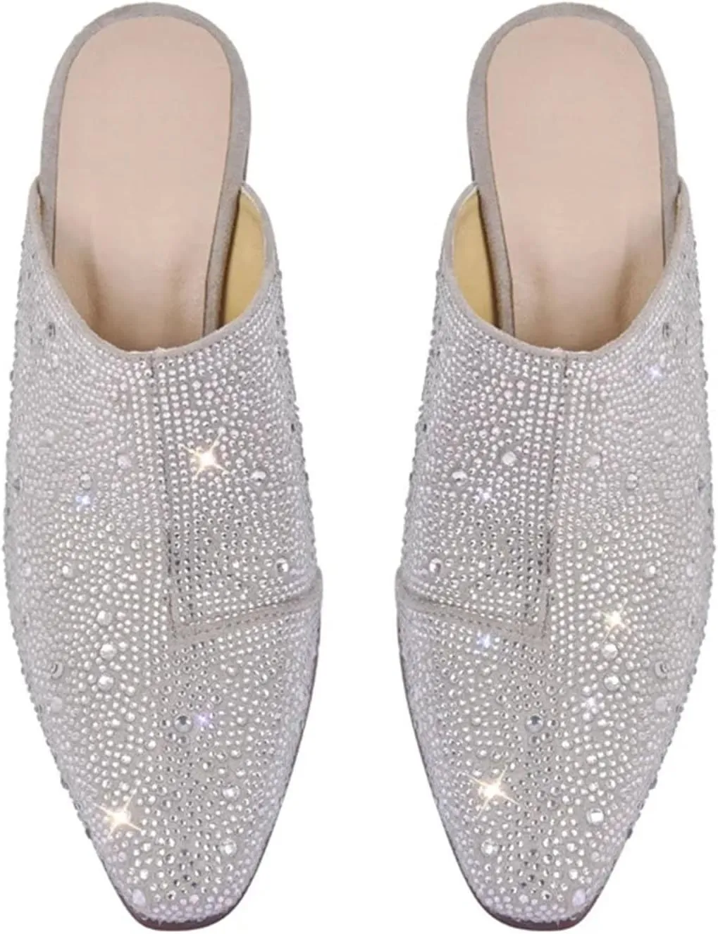 Women's Pointed Toe Rhinestone Mules - Glitter Bling Shiny Pretty Sparkly Chunky Heel