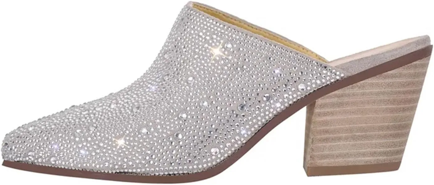 Women's Pointed Toe Rhinestone Mules - Glitter Bling Shiny Pretty Sparkly Chunky Heel