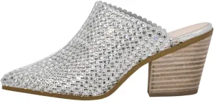 Women's Pointed Toe Rhinestone Mules - Glitter Bling Shiny Pretty Sparkly Chunky Heel