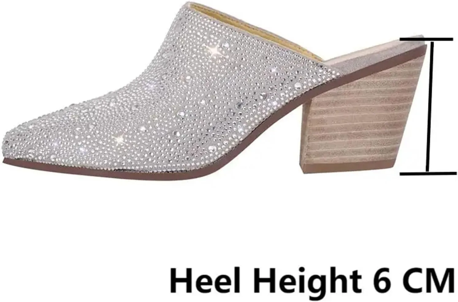 Women's Pointed Toe Rhinestone Mules - Glitter Bling Shiny Pretty Sparkly Chunky Heel