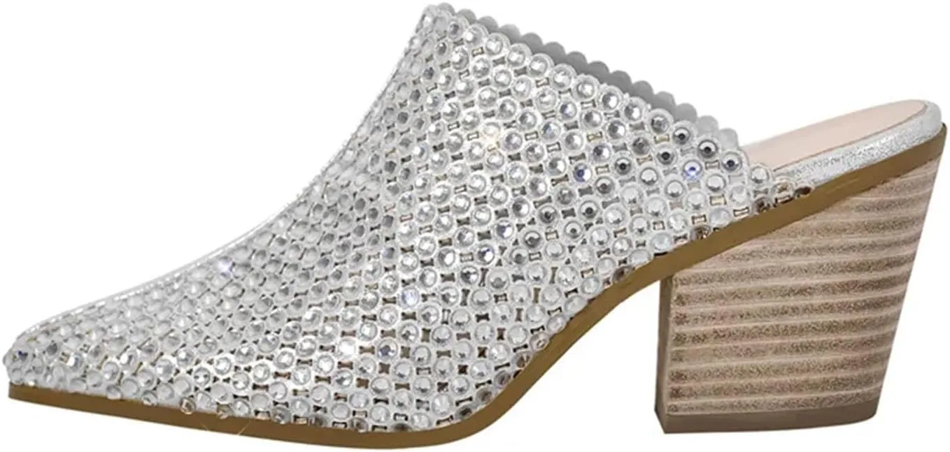 Women's Pointed Toe Rhinestone Mules - Glitter Bling Shiny Pretty Sparkly Chunky Heel