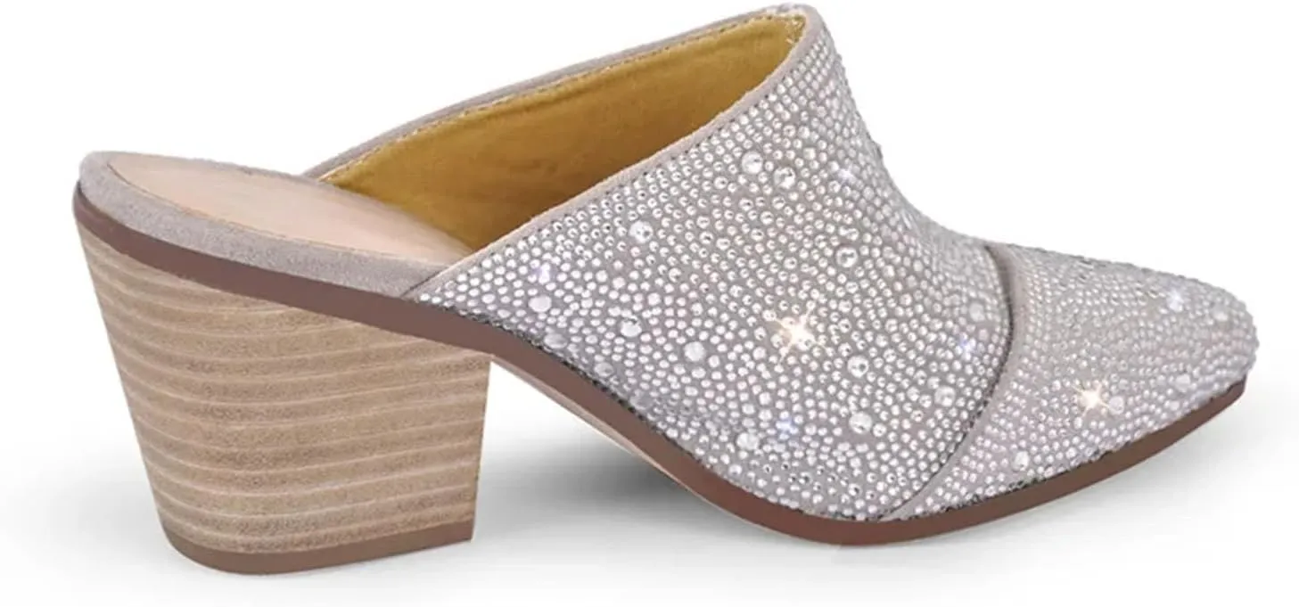 Women's Pointed Toe Rhinestone Mules - Glitter Bling Shiny Pretty Sparkly Chunky Heel