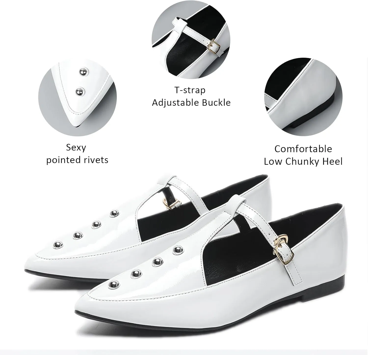 Women's Pointed Toe Rivet T-strap Flats with Adjustable Buckle Fashionable Patent Leather Comfortable Non-slip Low Chunky Heel Gladiator Flats for Party Dance Daily Dating
