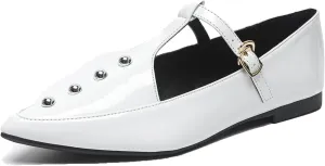 Women's Pointed Toe Rivet T-strap Flats with Adjustable Buckle Fashionable Patent Leather Comfortable Non-slip Low Chunky Heel Gladiator Flats for Party Dance Daily Dating
