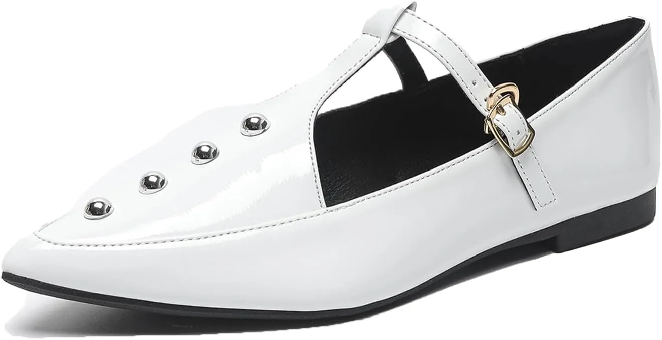 Women's Pointed Toe Rivet T-strap Flats with Adjustable Buckle Fashionable Patent Leather Comfortable Non-slip Low Chunky Heel Gladiator Flats for Party Dance Daily Dating