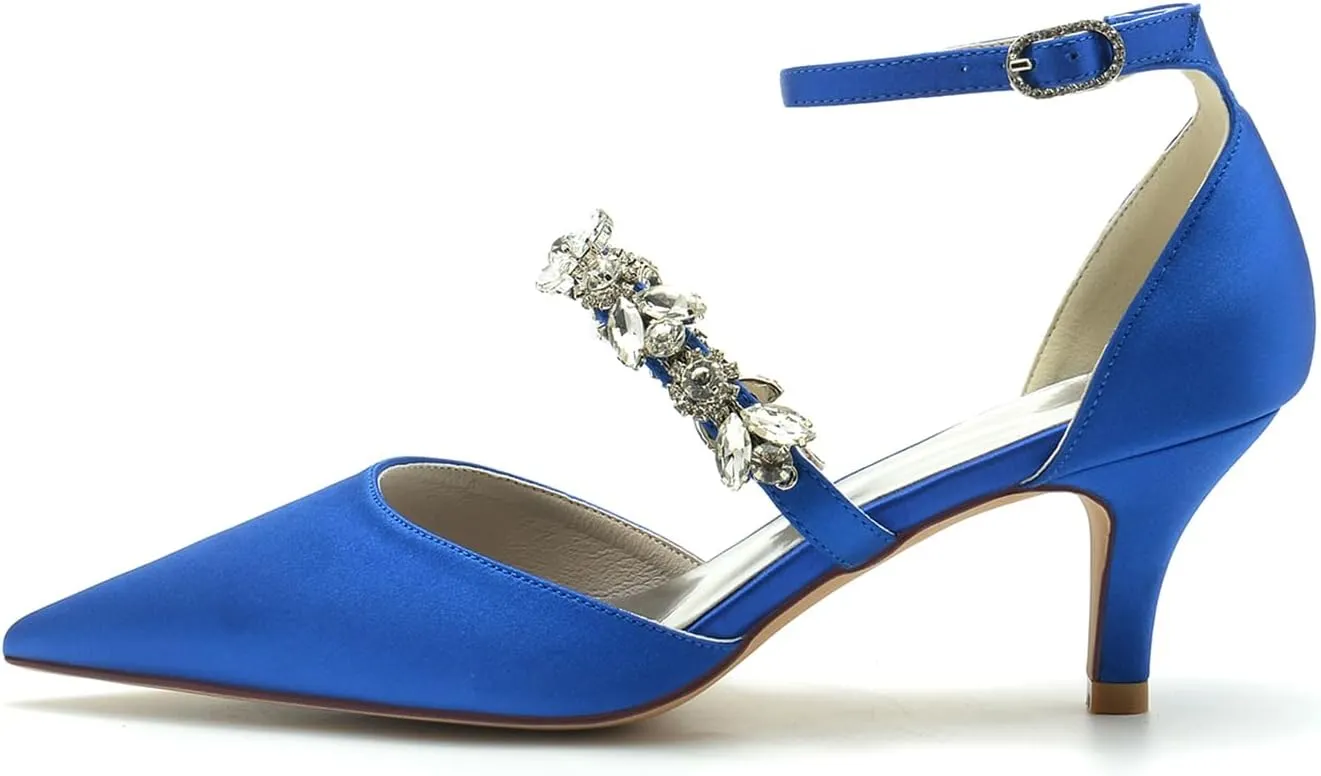 Women's Pointed Toe Satin Rhinestone Wedding Shoes for Bride Ankle Strap Prom Party Sandals High Heels Pumps