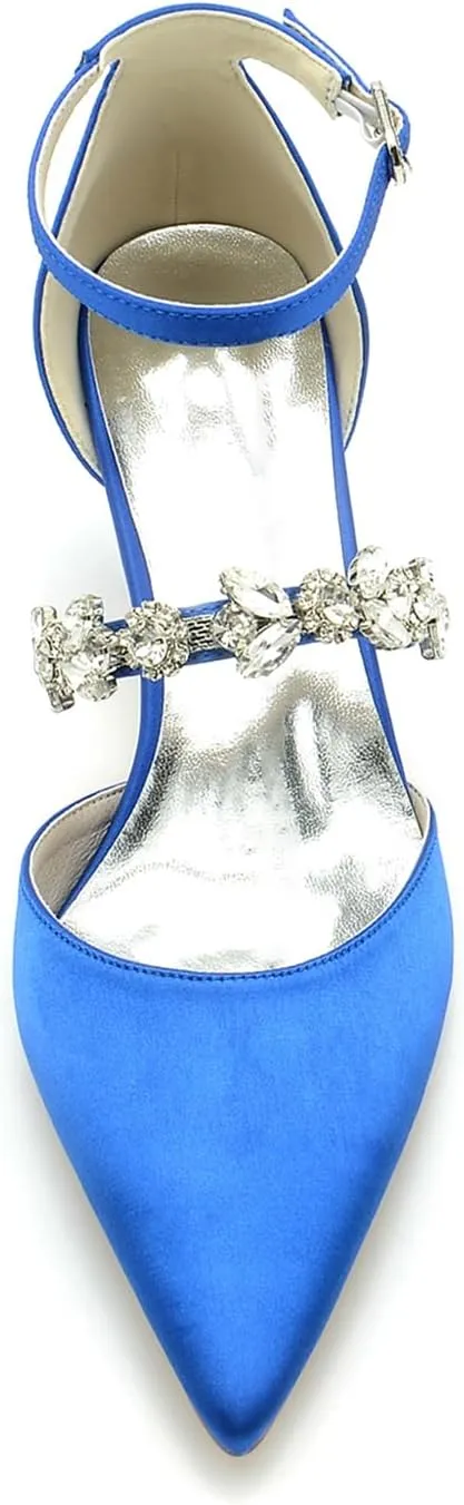 Women's Pointed Toe Satin Rhinestone Wedding Shoes for Bride Ankle Strap Prom Party Sandals High Heels Pumps