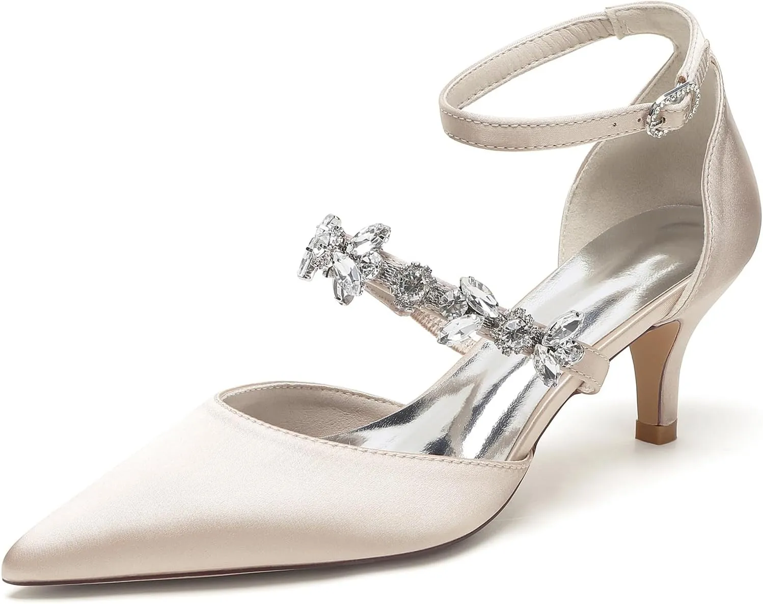 Women's Pointed Toe Satin Rhinestone Wedding Shoes for Bride Ankle Strap Prom Party Sandals High Heels Pumps