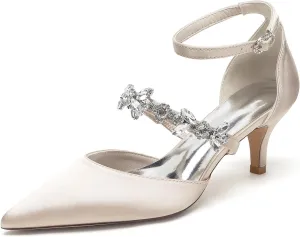 Women's Pointed Toe Satin Rhinestone Wedding Shoes for Bride Ankle Strap Prom Party Sandals High Heels Pumps