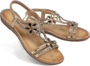 Womens Sandals Shoes Comfort Non Slip Walking Casual Summer Beach Shoes Dress Ankle Elastic Flower Jeweled Bohemian Flats