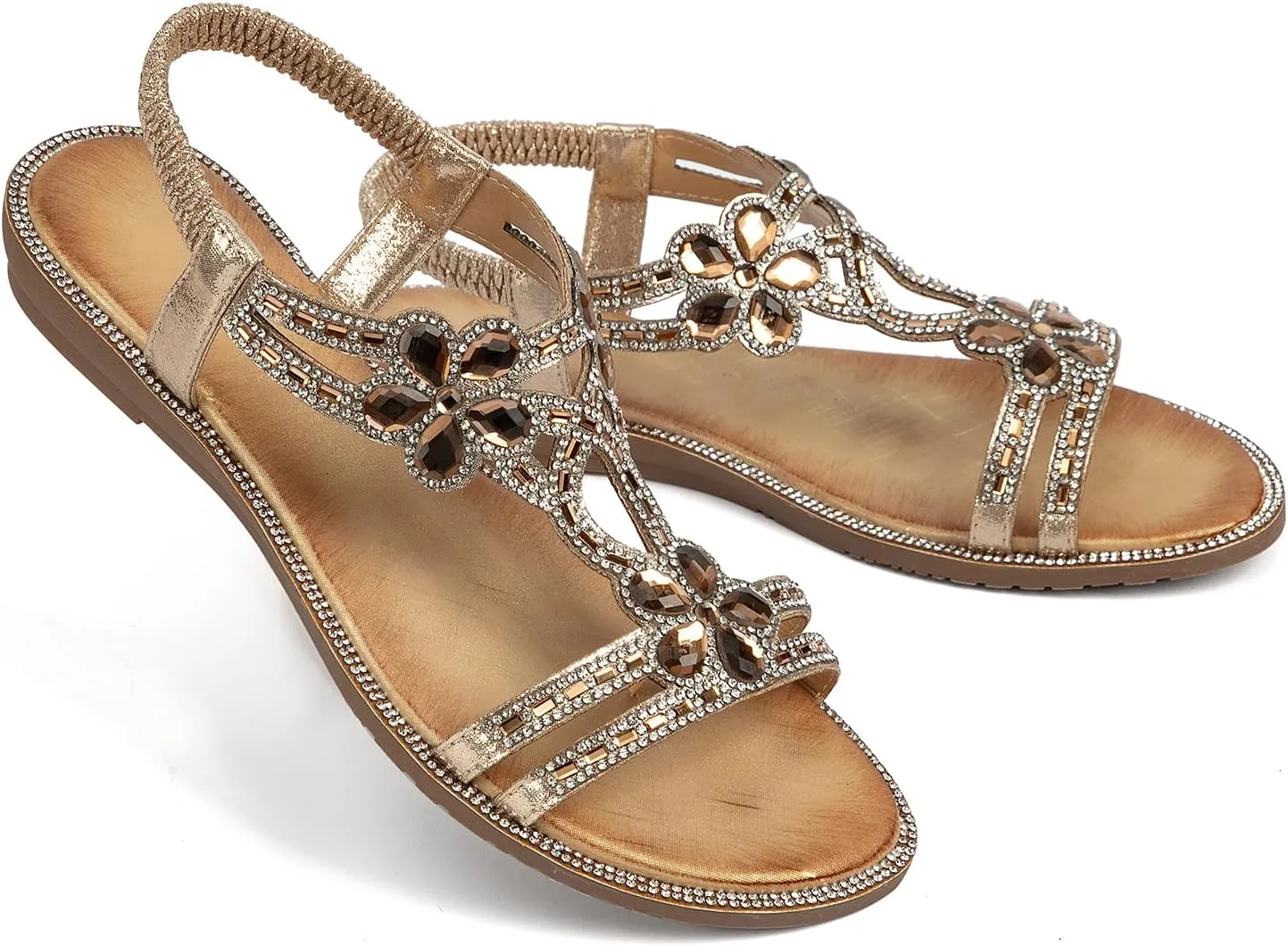 Womens Sandals Shoes Comfort Non Slip Walking Casual Summer Beach Shoes Dress Ankle Elastic Flower Jeweled Bohemian Flats