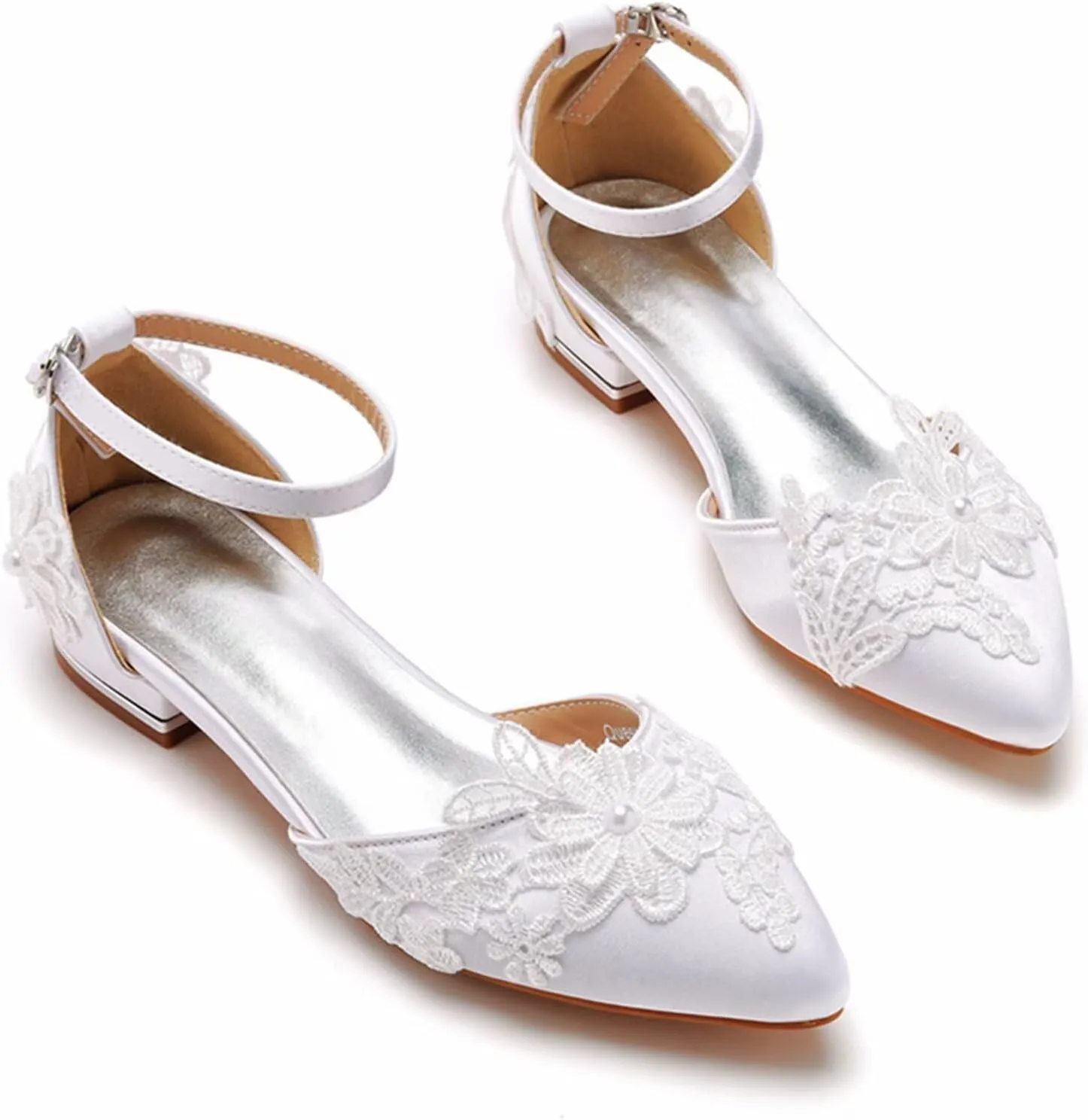 Women's Satin Bridal Shoes Pumps Ankle Strap Lace Wedding Shoes Pointed Toe Dress Ballet Flats Sandals for Bride Bridesmaids Formal Prom Party,1" Low Heel