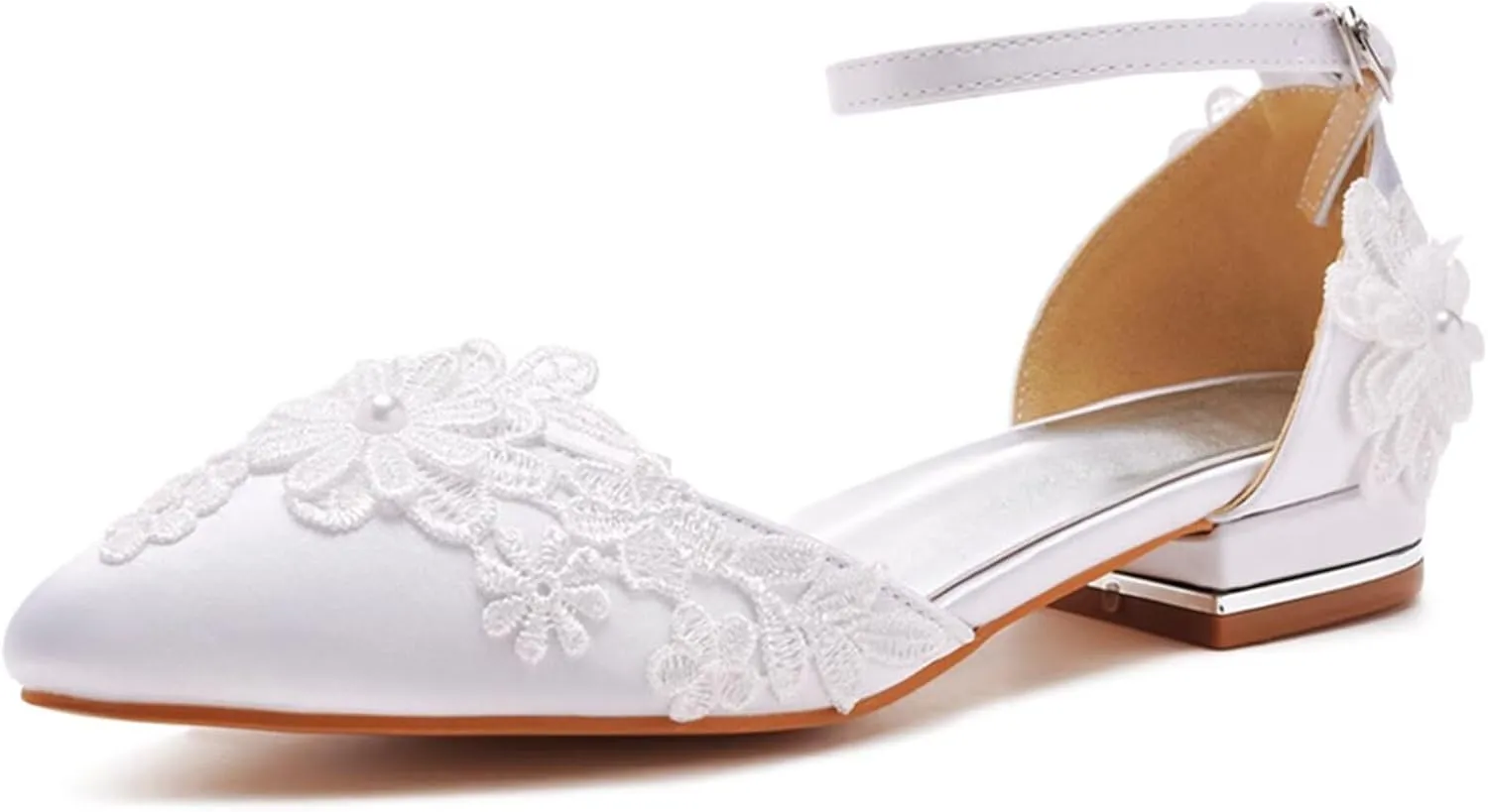 Women's Satin Bridal Shoes Pumps Ankle Strap Lace Wedding Shoes Pointed Toe Dress Ballet Flats Sandals for Bride Bridesmaids Formal Prom Party,1" Low Heel