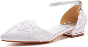 Women's Satin Bridal Shoes Pumps Ankle Strap Lace Wedding Shoes Pointed Toe Dress Ballet Flats Sandals for Bride Bridesmaids Formal Prom Party,1" Low Heel