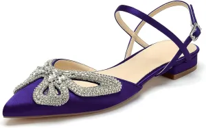 Women's Slingback Flats Rhinestones Bow Flat Pumps for Women Pointed Toe Comfort Flat Wedding Dress Shoes Sandals