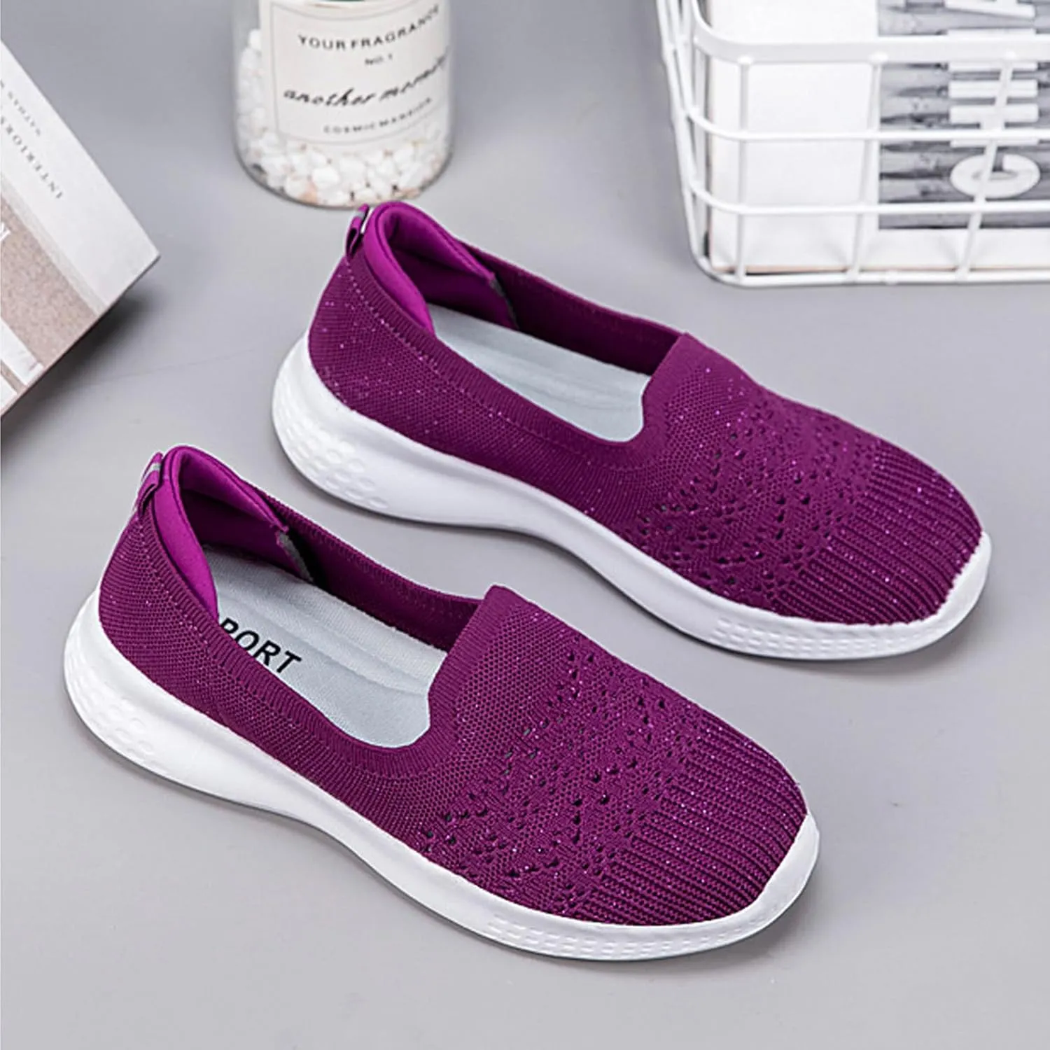 Women's Slip On Mesh Knit Flat Soft Sole Walking Shoes,Summer Non-Slip Breathable Athletic Comfortable Work Memory Foam Lightweight Flat Loafer Nurse Mom Shoes Sneakers