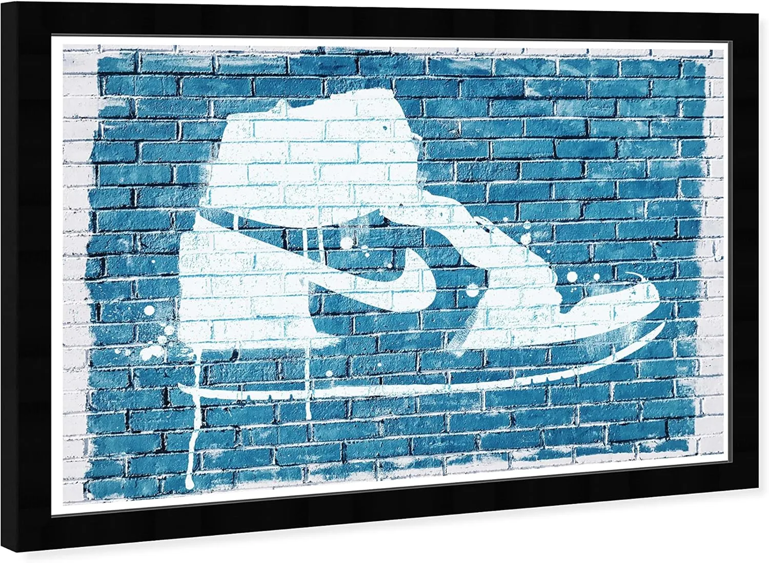 Wynwood Studio Fashion and Glam Contemporary Black Frame Paper - Sneaker Wall Graffiti, Wall Art for Living Room, Bedroom, and Bathroom, 19 in x 13 in, Blue and White Home Decor