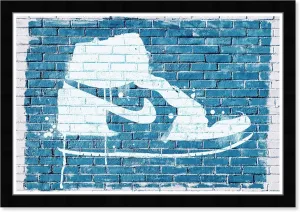 Wynwood Studio Fashion and Glam Contemporary Black Frame Paper - Sneaker Wall Graffiti, Wall Art for Living Room, Bedroom, and Bathroom, 19 in x 13 in, Blue and White Home Decor