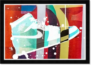 Wynwood Studio Fashion and Glam Contemporary Black Frame Paper - Vibrant Graffiti Sneaker, Wall Art for Living Room, Bedroom, and Bathroom, 19 in x 13 in, Red and White Home Decor