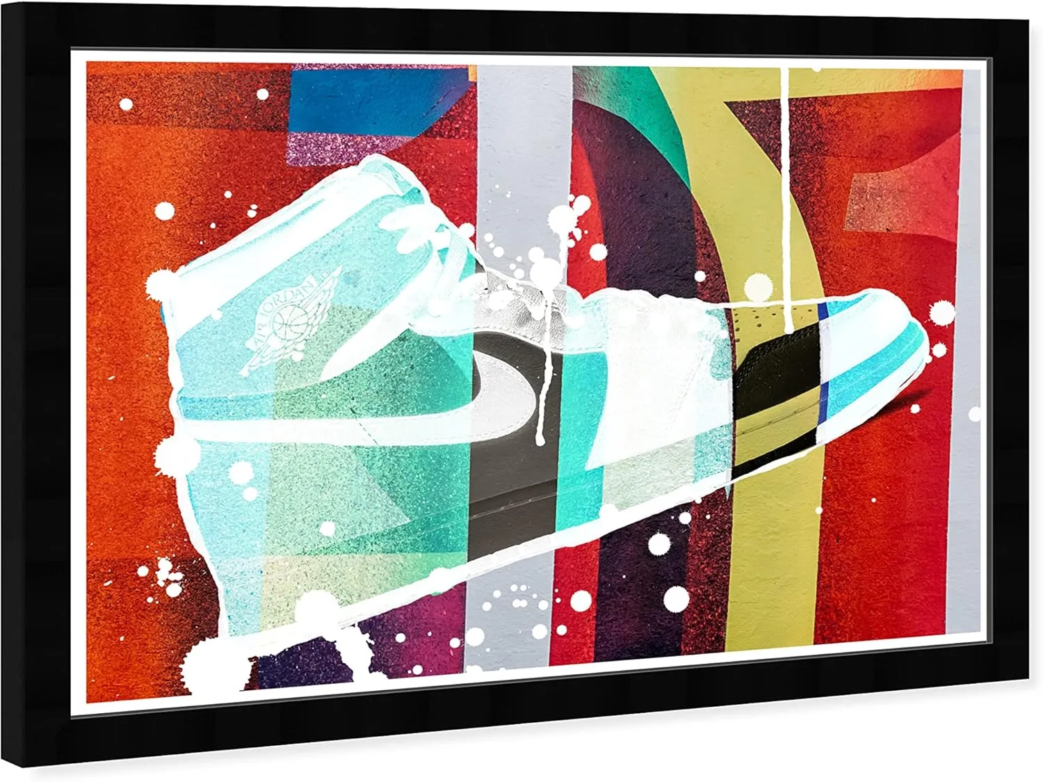 Wynwood Studio Fashion and Glam Contemporary Black Frame Paper - Vibrant Graffiti Sneaker, Wall Art for Living Room, Bedroom, and Bathroom, 19 in x 13 in, Red and White Home Decor