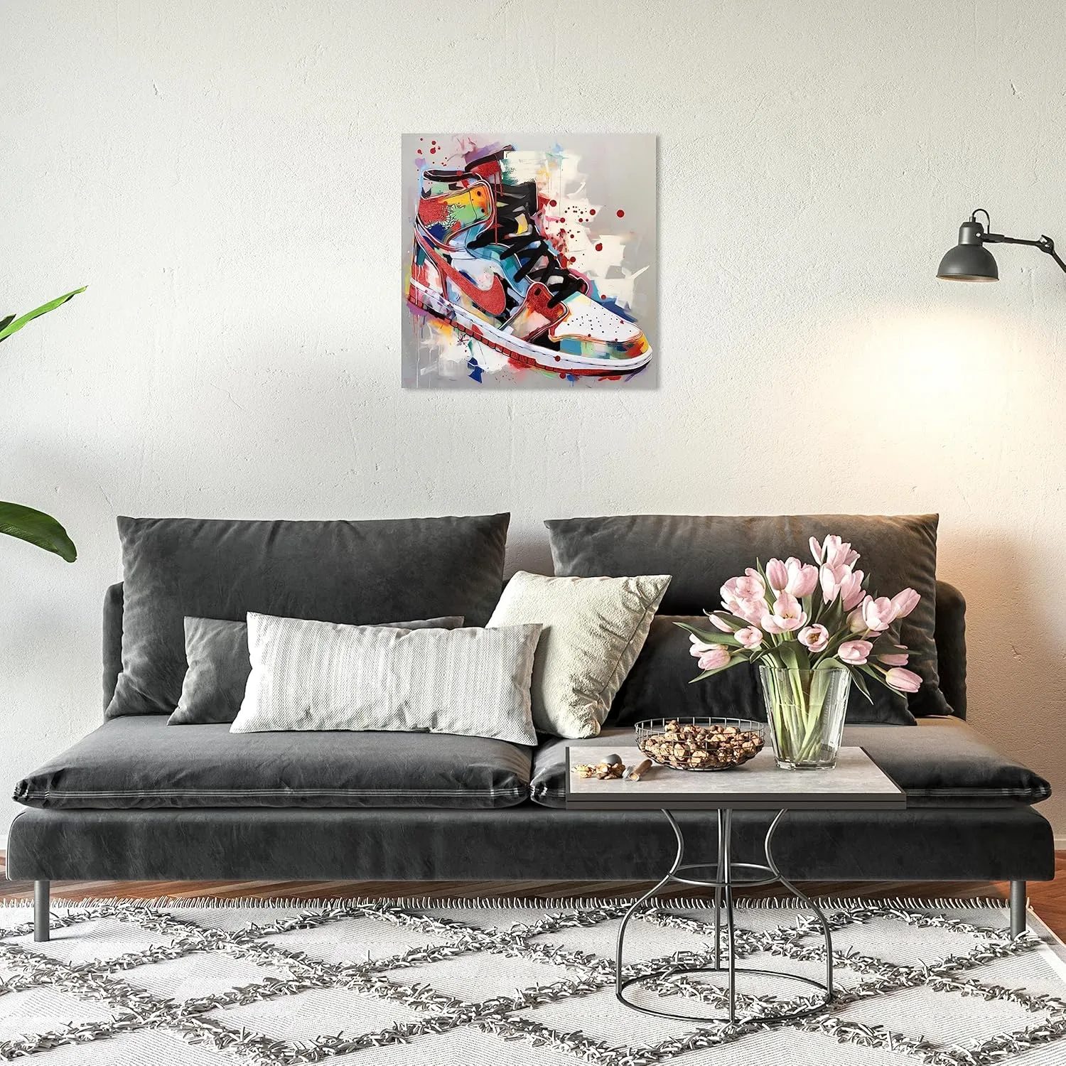 Wynwood Studio Fashion and Glam Contemporary Canvas Art - Artsy Sneaker, Wall Art for Living Room, Bedroom, and Bathroom, 20 in x 20, Red and White Home Decor