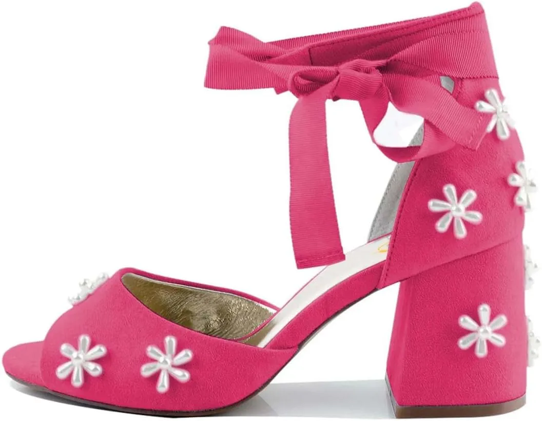 XYD Women Open Toe Sandals with Bloom Pearl Flower Ribbon Ankle Strap Chunky Block Heel Wedding Bridal Shoes