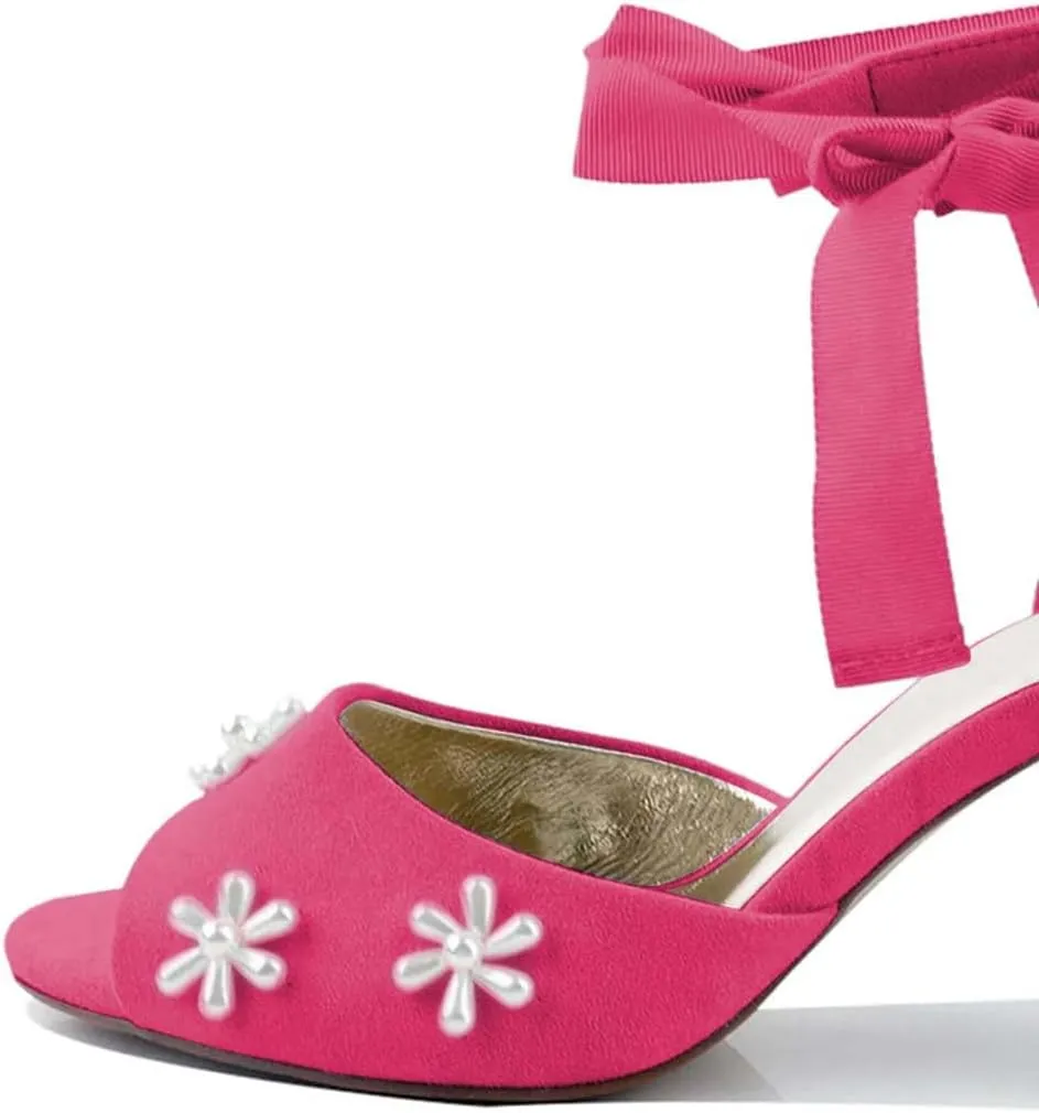 XYD Women Open Toe Sandals with Bloom Pearl Flower Ribbon Ankle Strap Chunky Block Heel Wedding Bridal Shoes