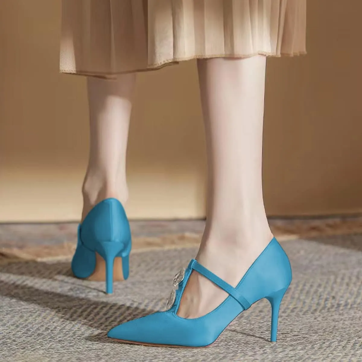 YDN Women Crystal Decoration Slip On Pumps Fashion Pointed Toe T-Strap Stiletto High Heels Dress Party Wedding Shoes Size 4-15 US