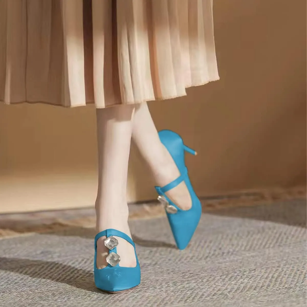 YDN Women Crystal Decoration Slip On Pumps Fashion Pointed Toe T-Strap Stiletto High Heels Dress Party Wedding Shoes Size 4-15 US