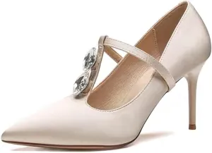 YDN Women Crystal Decoration Slip On Pumps Fashion Pointed Toe T-Strap Stiletto High Heels Dress Party Wedding Shoes Size 4-15 US