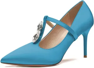YDN Women Crystal Decoration Slip On Pumps Fashion Pointed Toe T-Strap Stiletto High Heels Dress Party Wedding Shoes Size 4-15 US