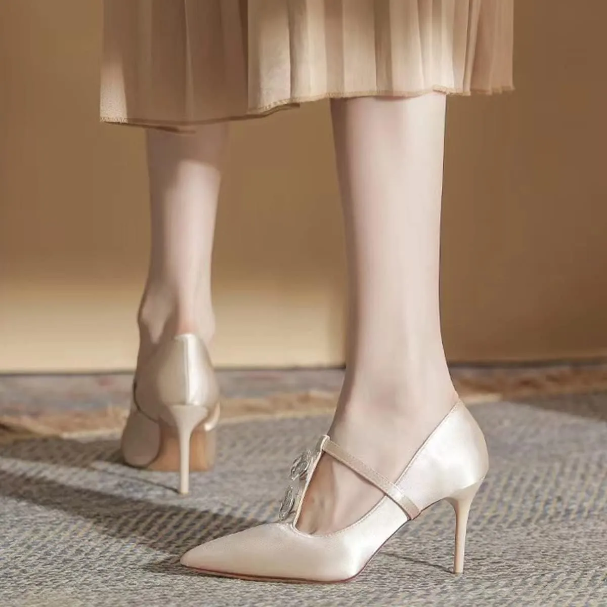 YDN Women Crystal Decoration Slip On Pumps Fashion Pointed Toe T-Strap Stiletto High Heels Dress Party Wedding Shoes Size 4-15 US