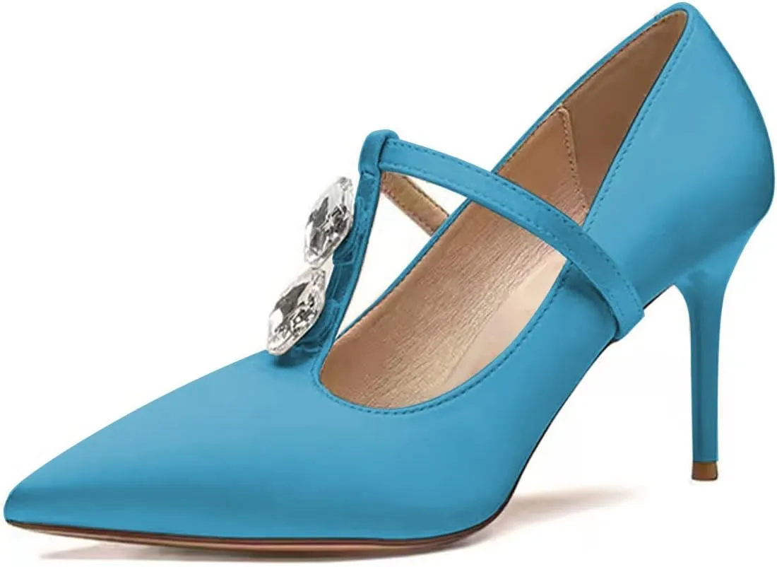 YDN Women Crystal Decoration Slip On Pumps Fashion Pointed Toe T-Strap Stiletto High Heels Dress Party Wedding Shoes Size 4-15 US